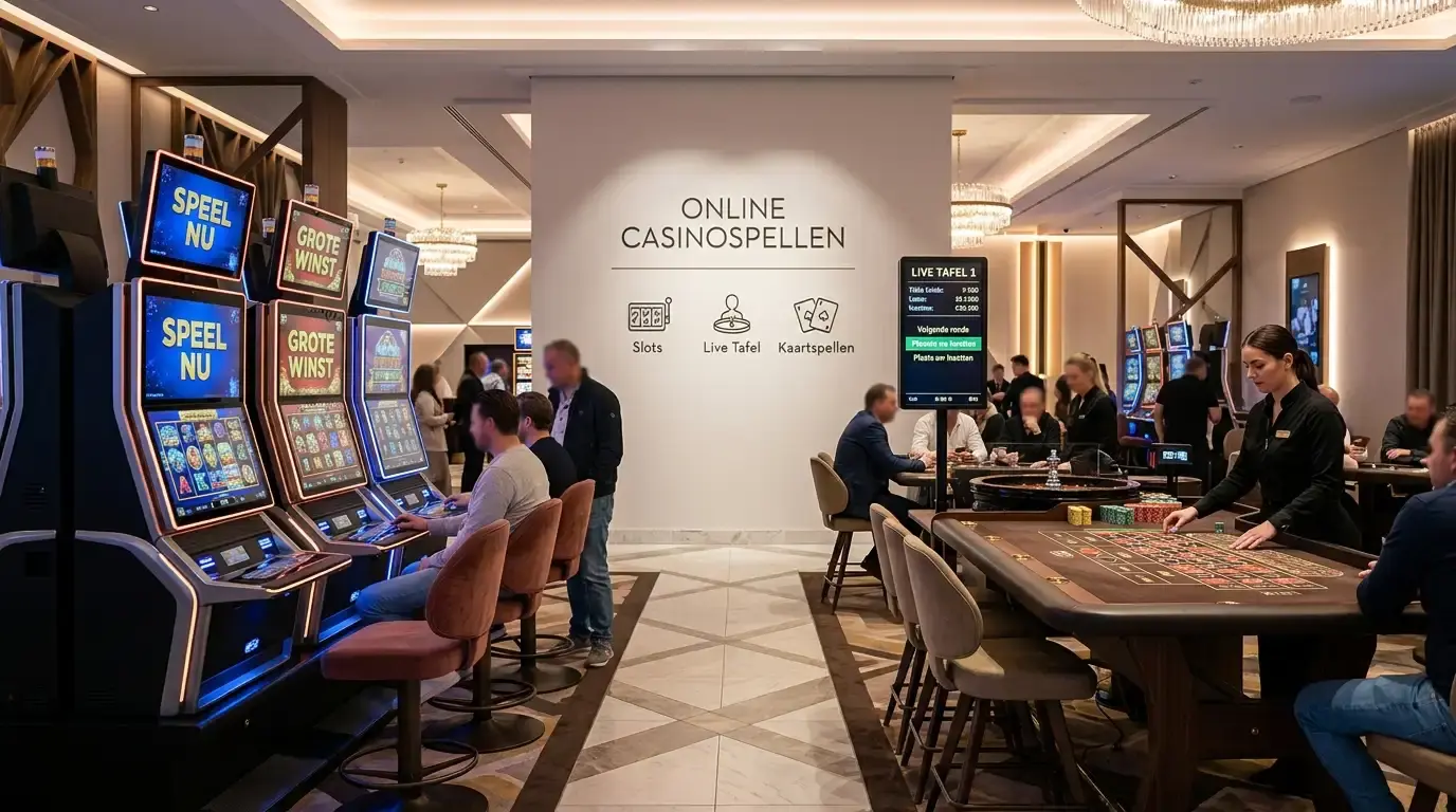 Illustratie van een brede casino-spelcatalogus met slots en een live tafelspel