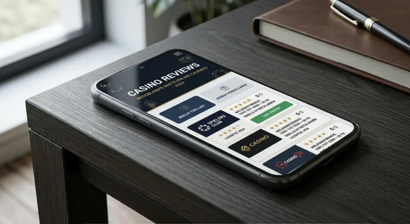 Illustratie van een smartphone met een responsieve casino-interface zonder merklogo